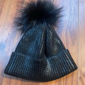 Adrienne Landau Fox Fur Pom Pom Metallic Beanie